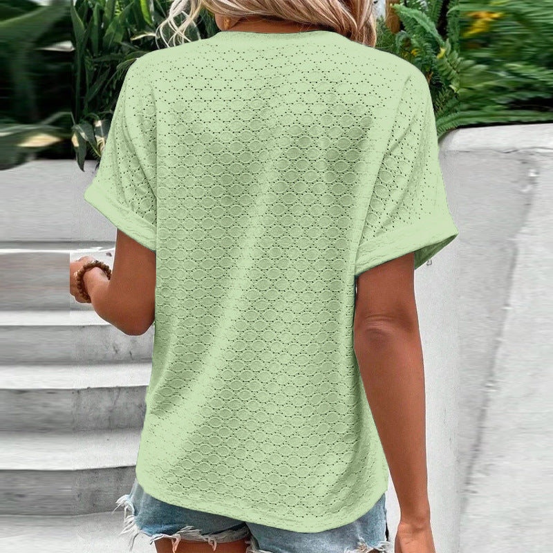 Women's Casual V-Neck Blouse Short Sleeve Loose Fit Button Front Solid Color Top