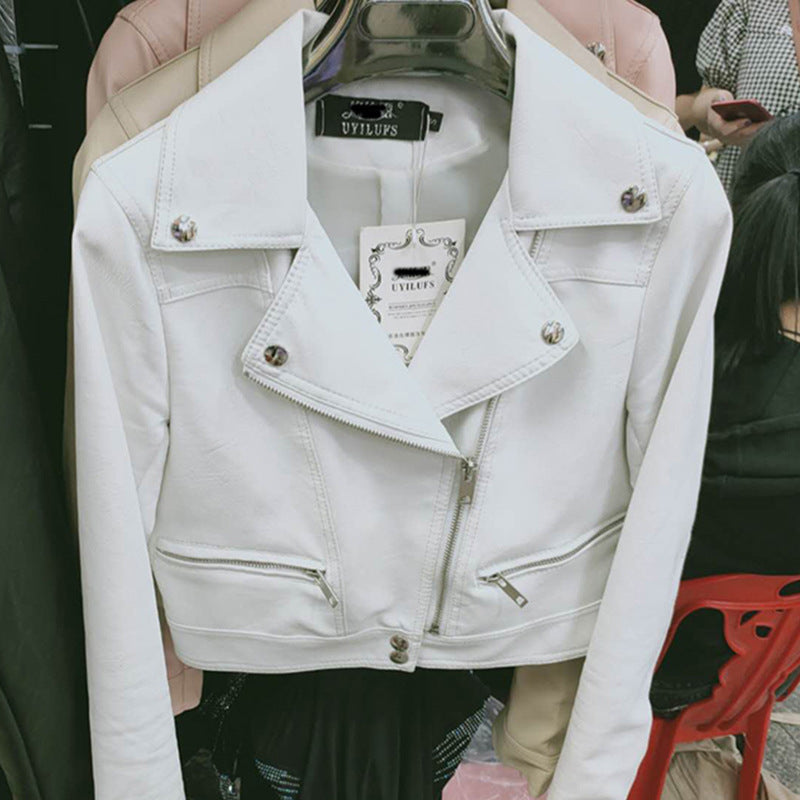 Motorcycle Leather Women's Short Slim Fit Plus Size Washed Leather Jacket