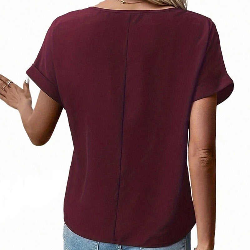 Women's V-Neck Zipper Top Solid Color Short Sleeve Blouse