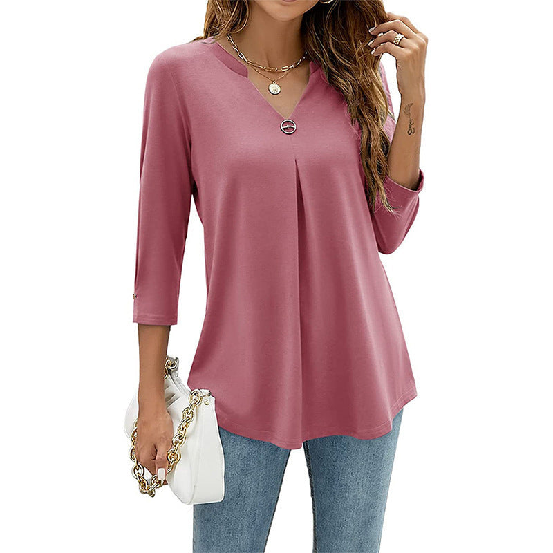 Casual And Comfortable Solid Color And V-neck Clinch Loose Three-quarter-length-sleeved T-shirt Top For Women