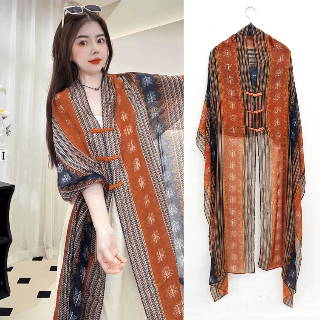 Popular Ethnic Style Shawl Summer Travel Wear Retro Buckle Sun Protection Coat