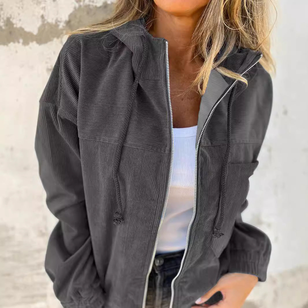 Solid Color Women's Corduroy Hooded Jacket