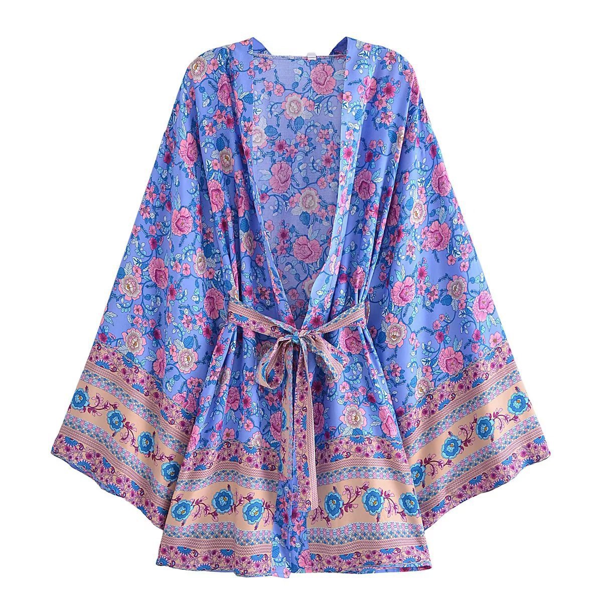 Rayon Bohemian Printed Belt Kimono Jacket Cardigan