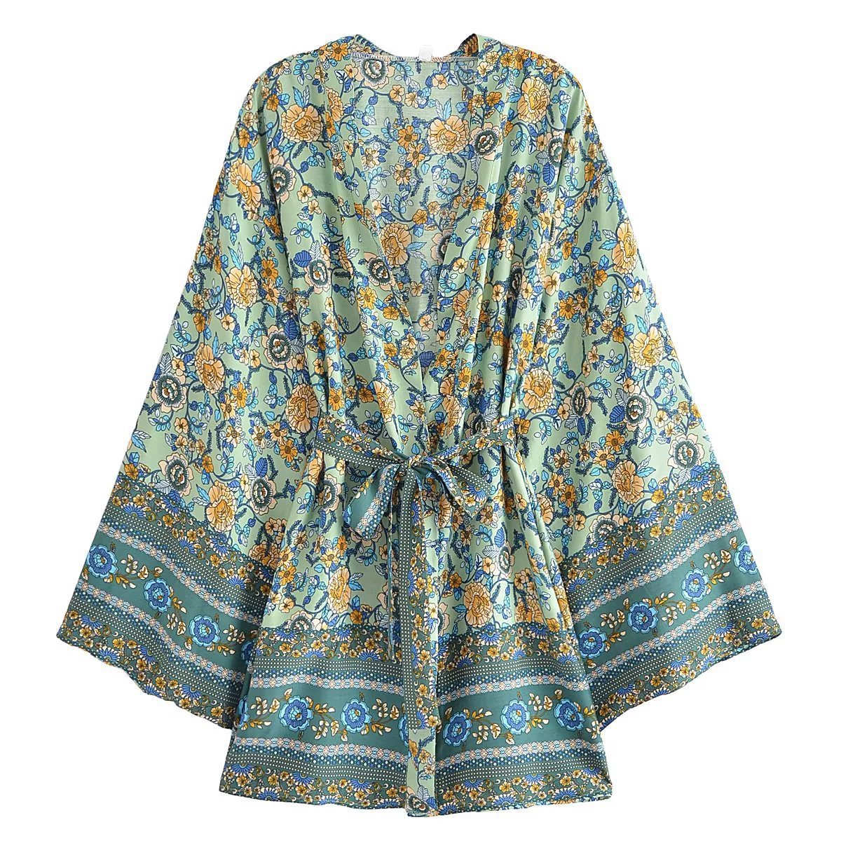 Rayon Bohemian Printed Belt Kimono Jacket Cardigan