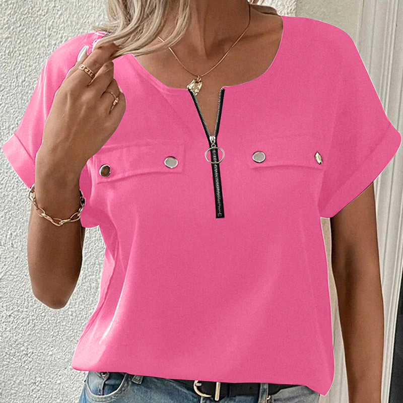 Women's V-Neck Zipper Top Solid Color Short Sleeve Blouse