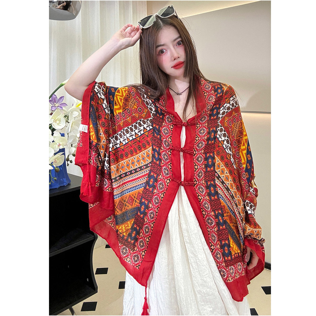 Ethnic Style Sunscreen Shawl Thin Retro Buckle Cloak