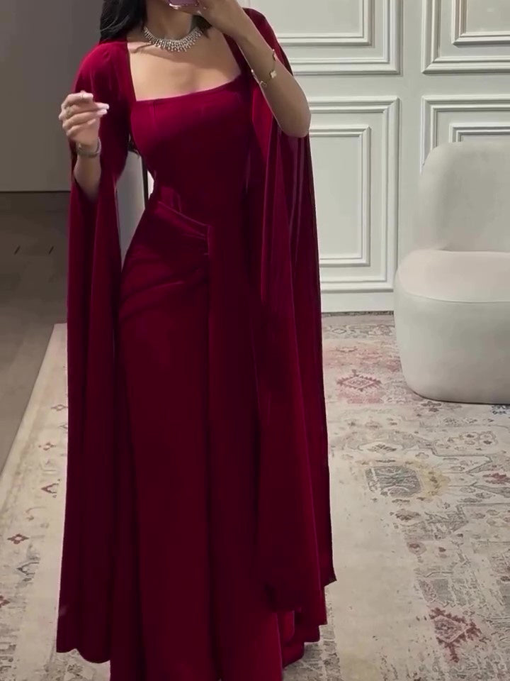Elegant Burgundy Square - Neck Cape Maxi Dress