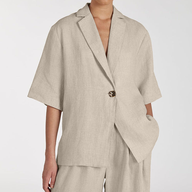 Linen Commuter Lapel Half Sleeve Cardigan Top Loose Wide Leg Pants Two-piece Set