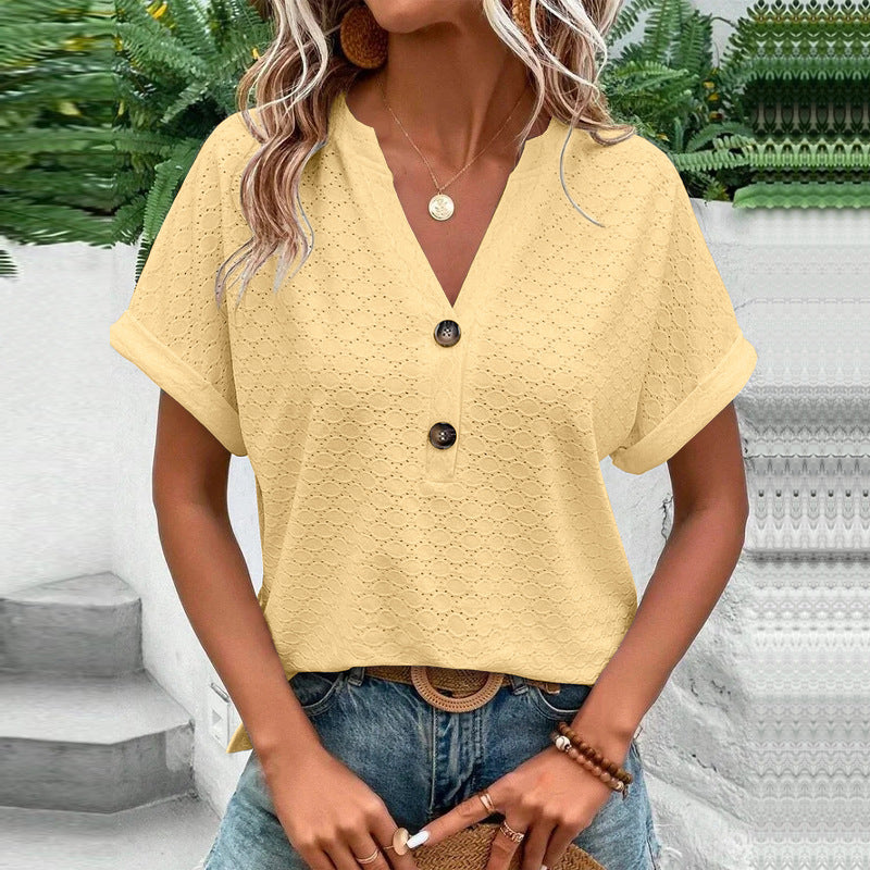 Women's Casual V-Neck Blouse Short Sleeve Loose Fit Button Front Solid Color Top