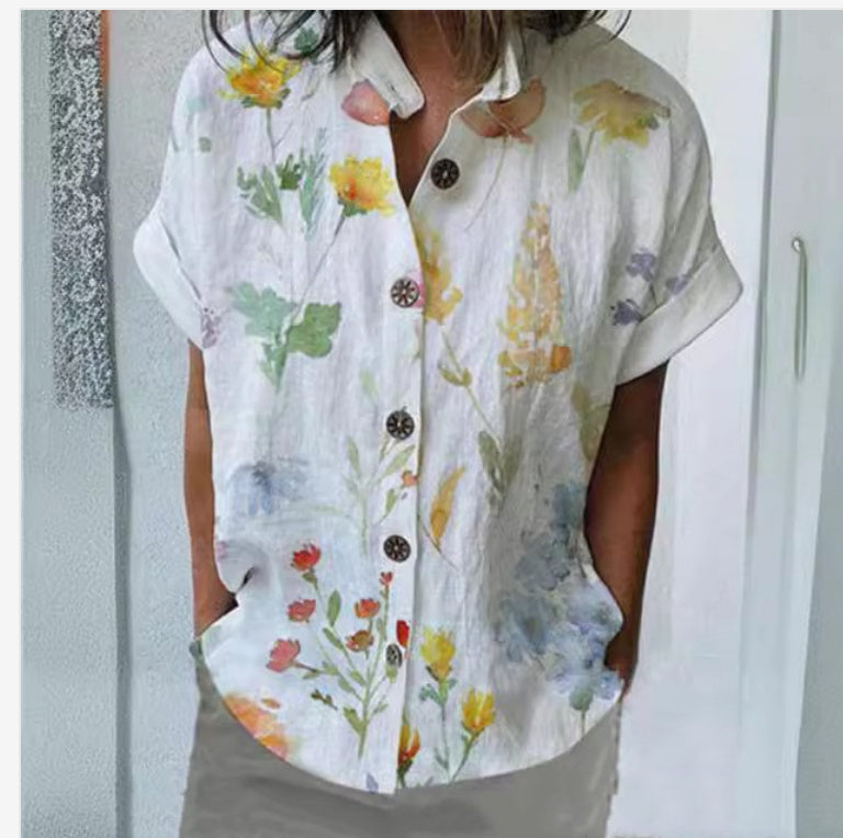 Casual Shirt Collar Loose Short Sleeve With Printing