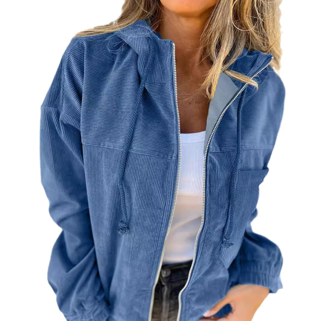 Solid Color Women's Corduroy Hooded Jacket