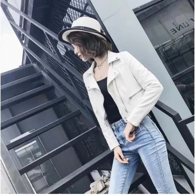 Motorcycle Leather Women's Short Slim Fit Plus Size Washed Leather Jacket