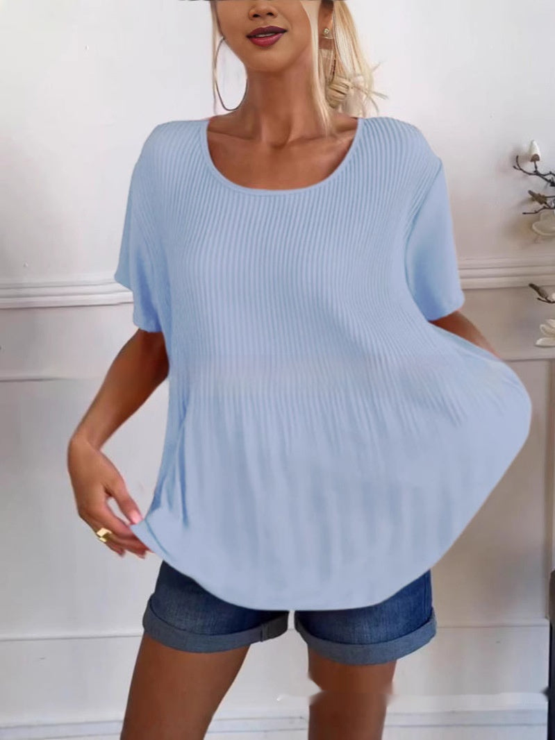 Plus Size Western Style Youthful-looking Pleated Short Sleeve Women's Blouse
