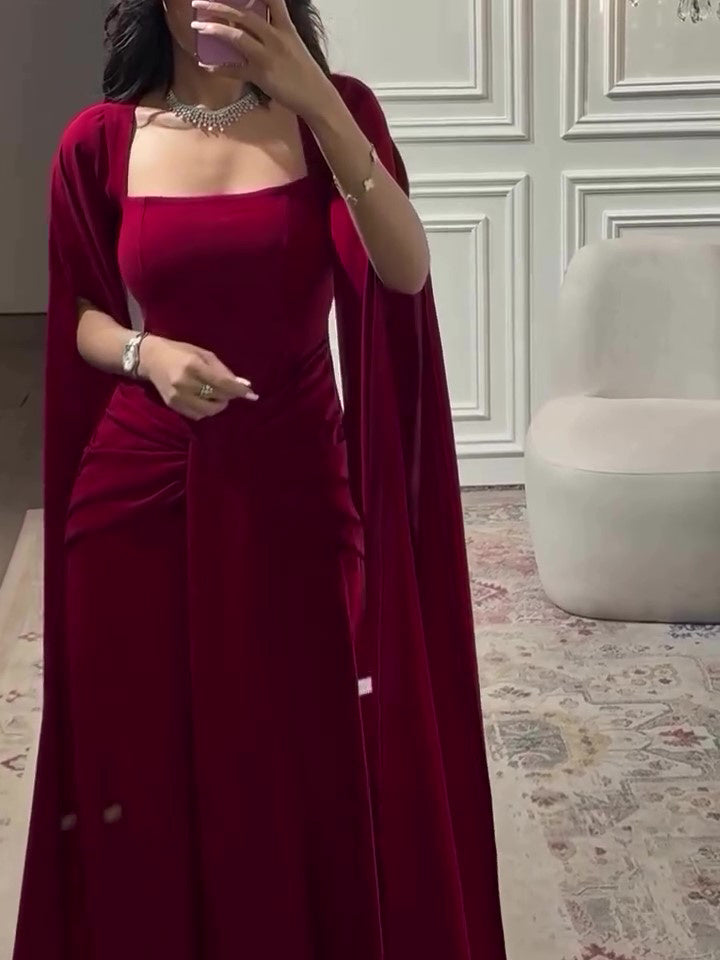 Elegant Burgundy Square - Neck Cape Maxi Dress