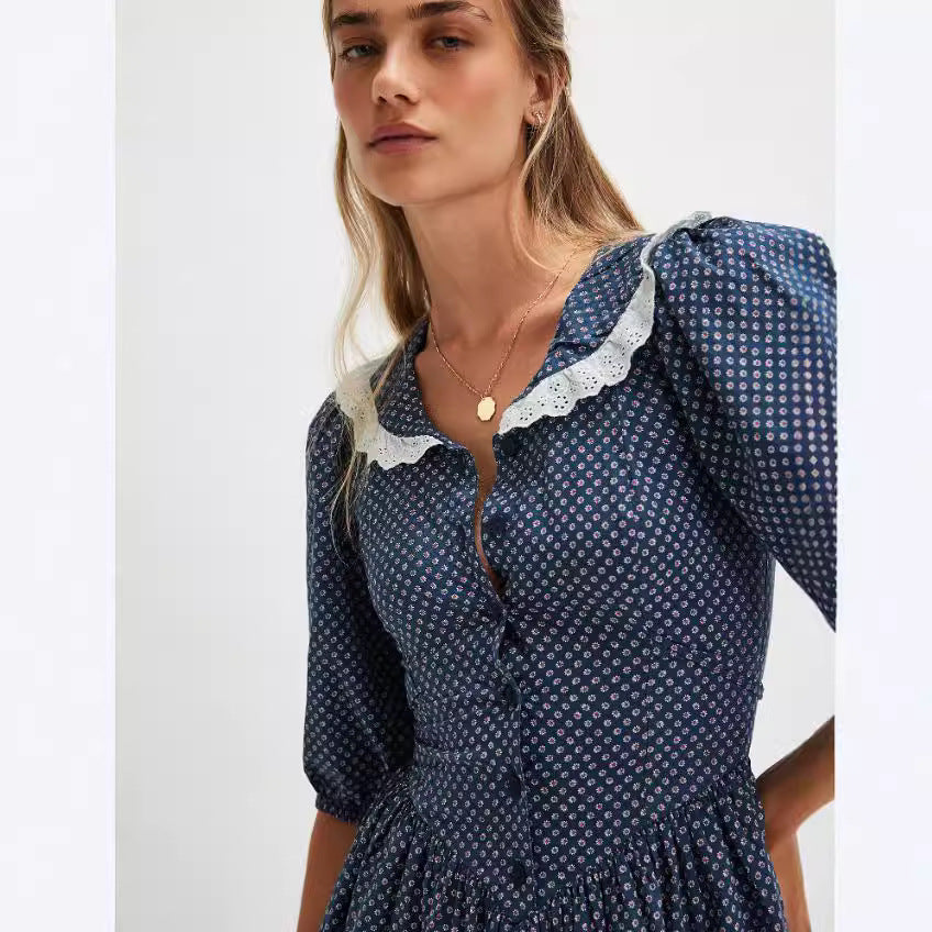 Retro Dots French Doll Collar Belted Dress