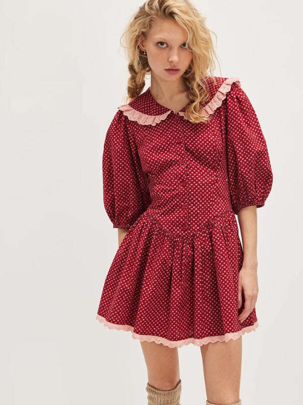 Retro Dots French Doll Collar Belted Dress