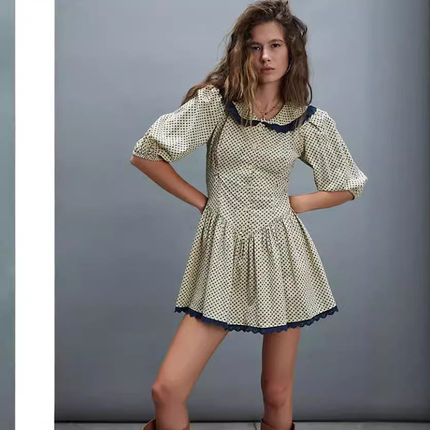 Retro Dots French Doll Collar Belted Dress