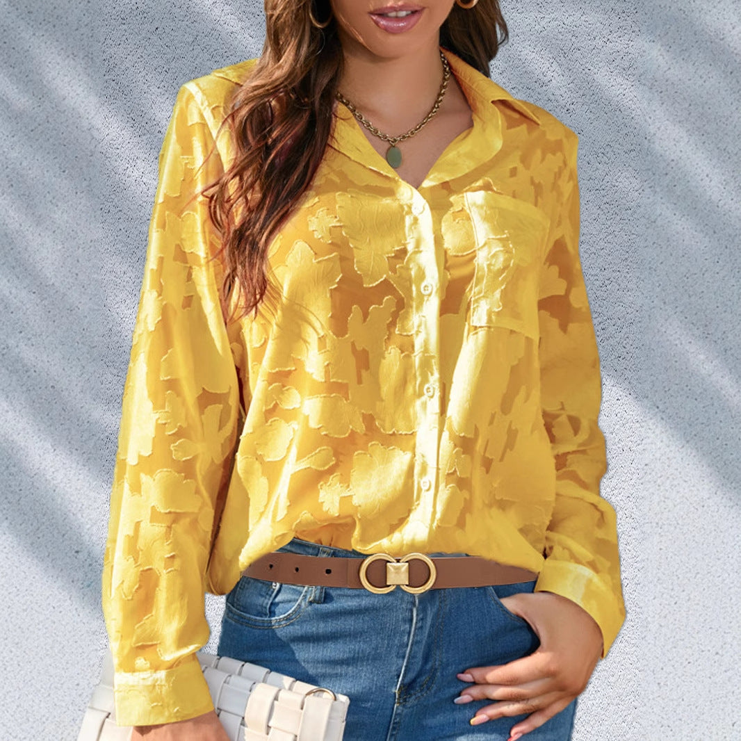 Women's Solid Color Single-breasted Lapel V-neck Jacquard Long-sleeved Shirt