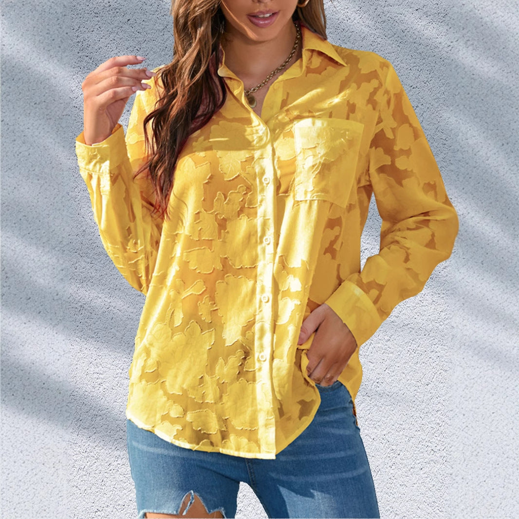 Women's Solid Color Single-breasted Lapel V-neck Jacquard Long-sleeved Shirt