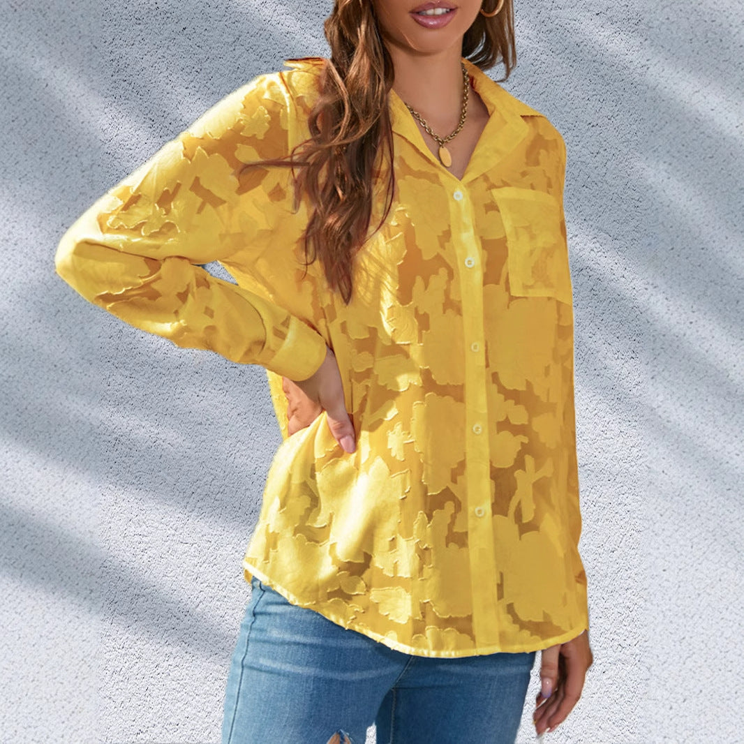 Women's Solid Color Single-breasted Lapel V-neck Jacquard Long-sleeved Shirt