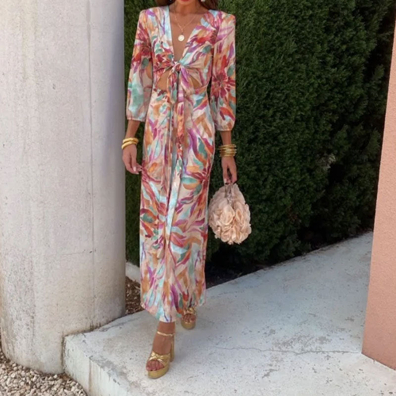 Women's Printed Elegant Fashion V-neck Bubble Long Sleeve One-step Dress With Exposed Navel