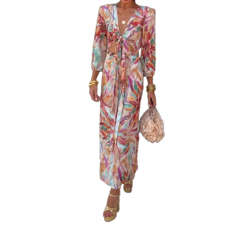 Women's Printed Elegant Fashion V-neck Bubble Long Sleeve One-step Dress With Exposed Navel