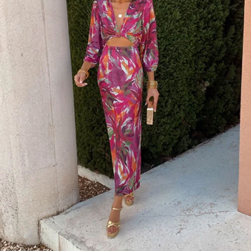 Women's Printed Elegant Fashion V-neck Bubble Long Sleeve One-step Dress With Exposed Navel