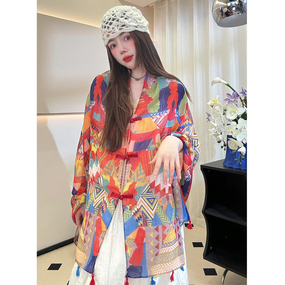 Ethnic Style Sunscreen Shawl Thin Retro Buckle Cloak