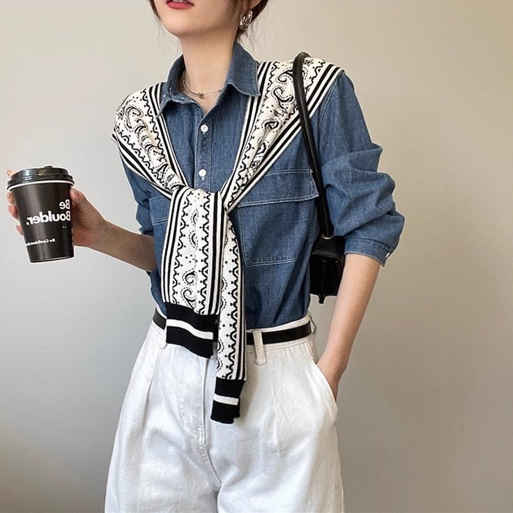 Women's Korean-style Spring And Autumn Knitted Decorative Shirt With Shoulder Paisley Fake Collar