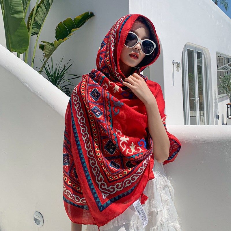 Ethnic Style Cotton And Linen Scarf Seaside Travel Oversized Beach Towel
