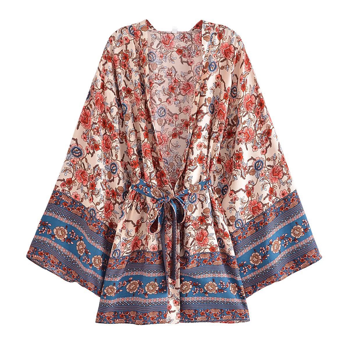 Rayon Bohemian Printed Belt Kimono Jacket Cardigan