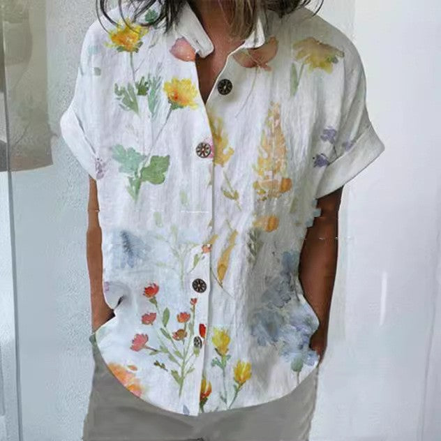 Casual Shirt Collar Loose Short Sleeve With Printing