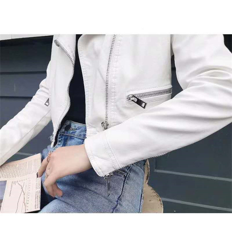 Motorcycle Leather Women's Short Slim Fit Plus Size Washed Leather Jacket