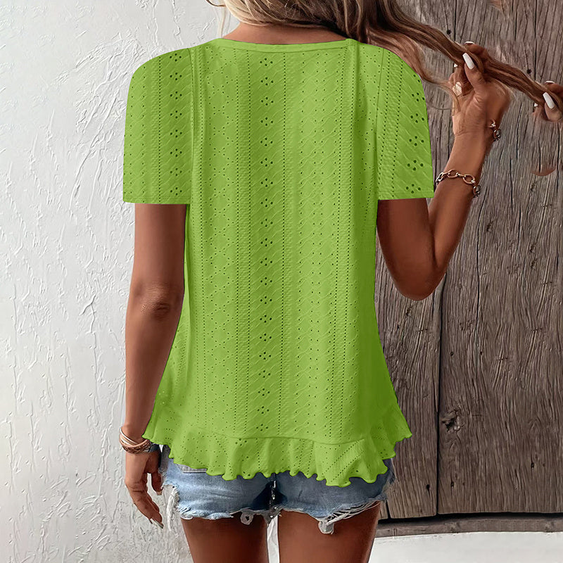 Women's Ruffle Hem Short Sleeve T-Shirt Casual Summer Crew Neck Blouses Top