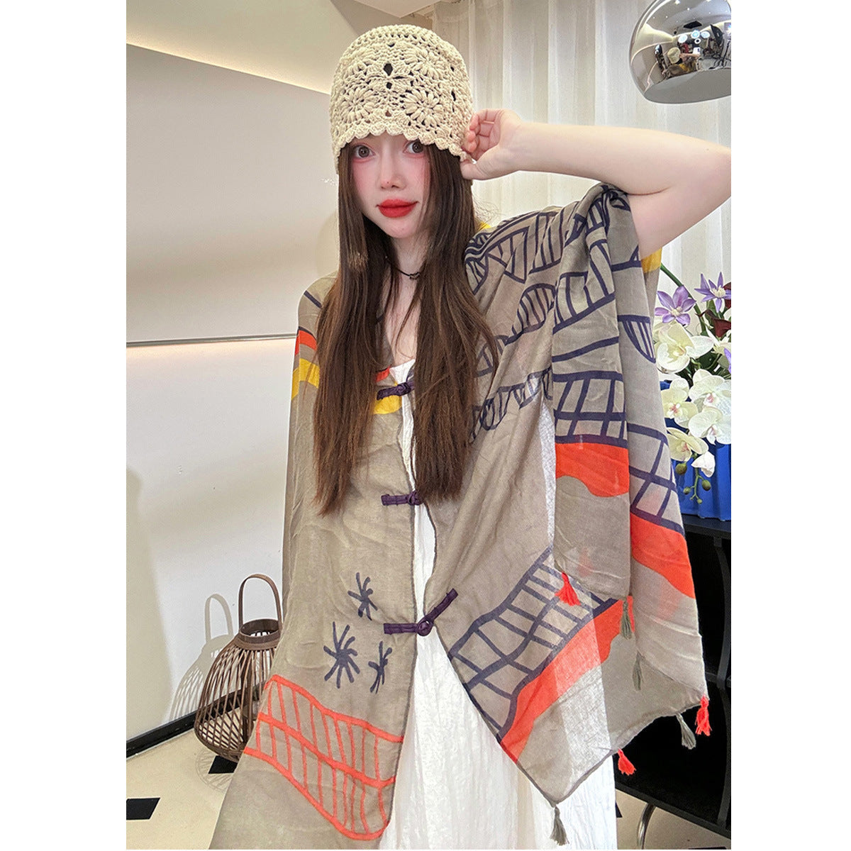 Ethnic Style Sunscreen Shawl Thin Retro Buckle Cloak