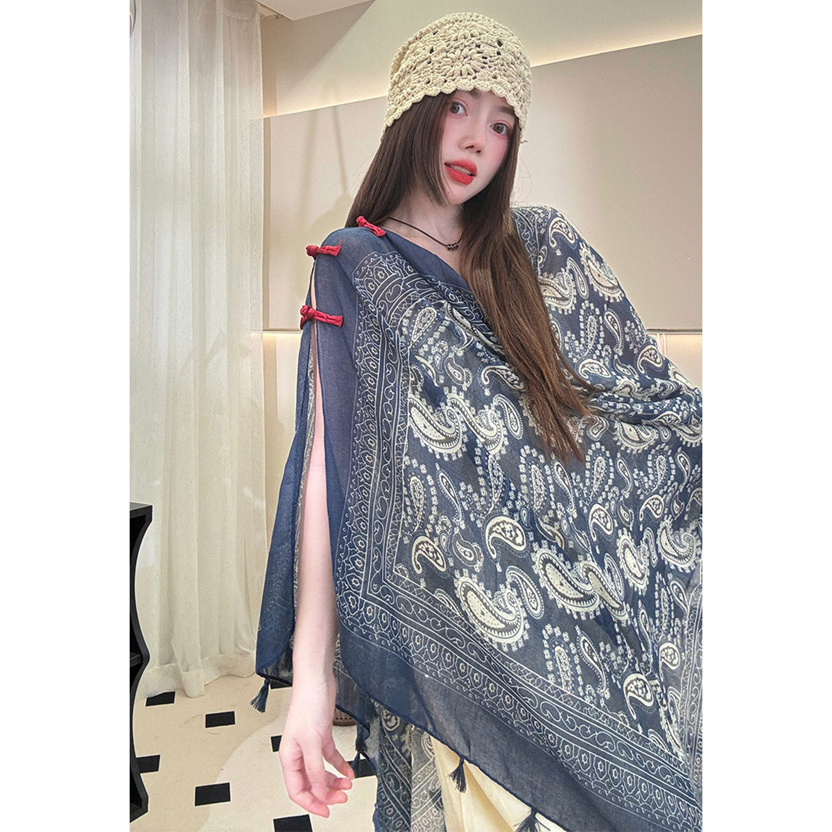 Ethnic Style Sunscreen Shawl Thin Retro Buckle Cloak