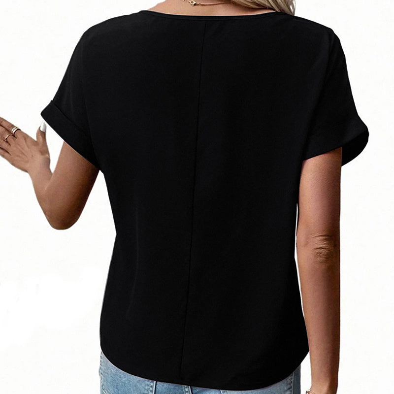 Women's V-Neck Zipper Top Solid Color Short Sleeve Blouse