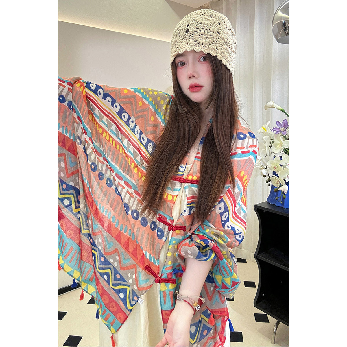 Ethnic Style Sunscreen Shawl Thin Retro Buckle Cloak