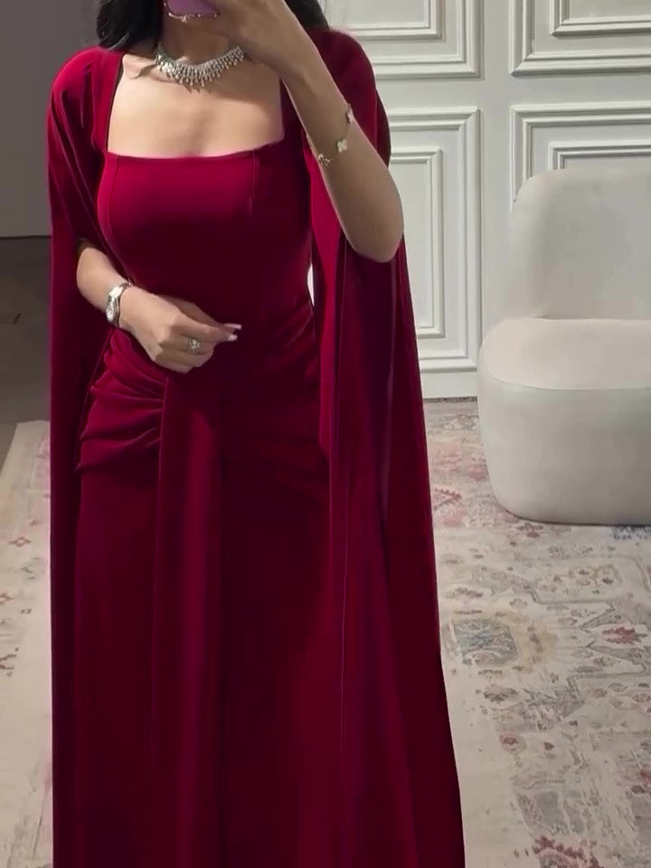 Elegant Burgundy Square - Neck Cape Maxi Dress