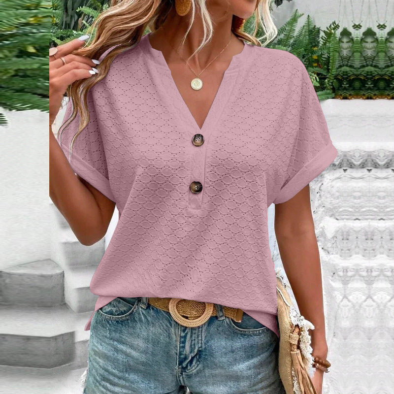 Women's Casual V-Neck Blouse Short Sleeve Loose Fit Button Front Solid Color Top