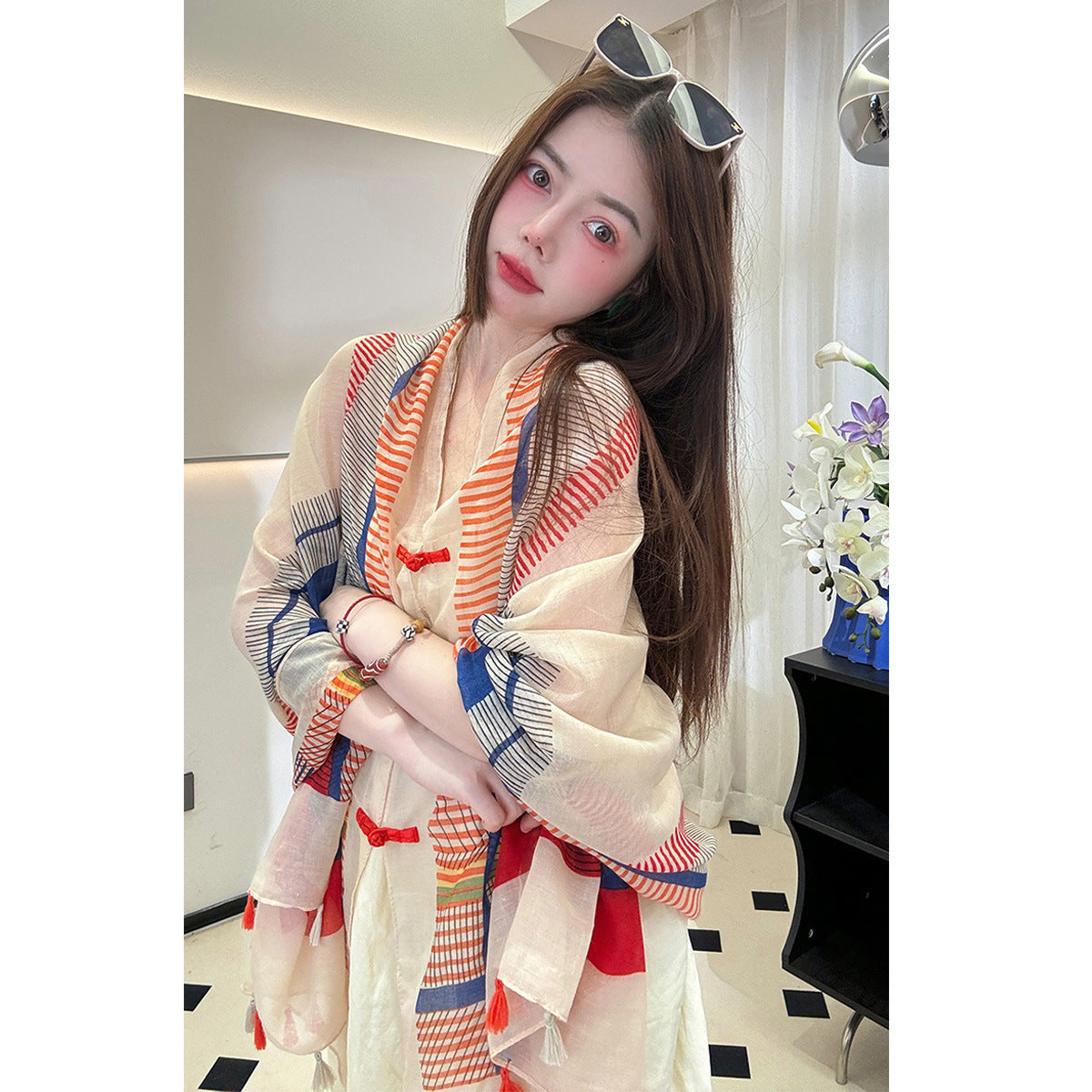 Ethnic Style Sunscreen Shawl Thin Retro Buckle Cloak