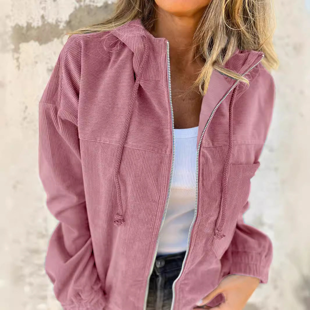 Solid Color Women's Corduroy Hooded Jacket