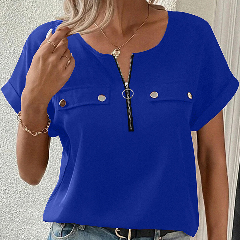Women's V-Neck Zipper Top Solid Color Short Sleeve Blouse