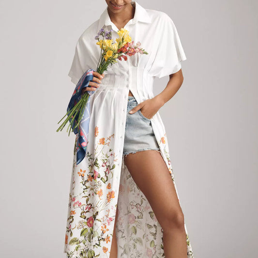 Lapel Single Breasted Printed Wide Swing Long Dress