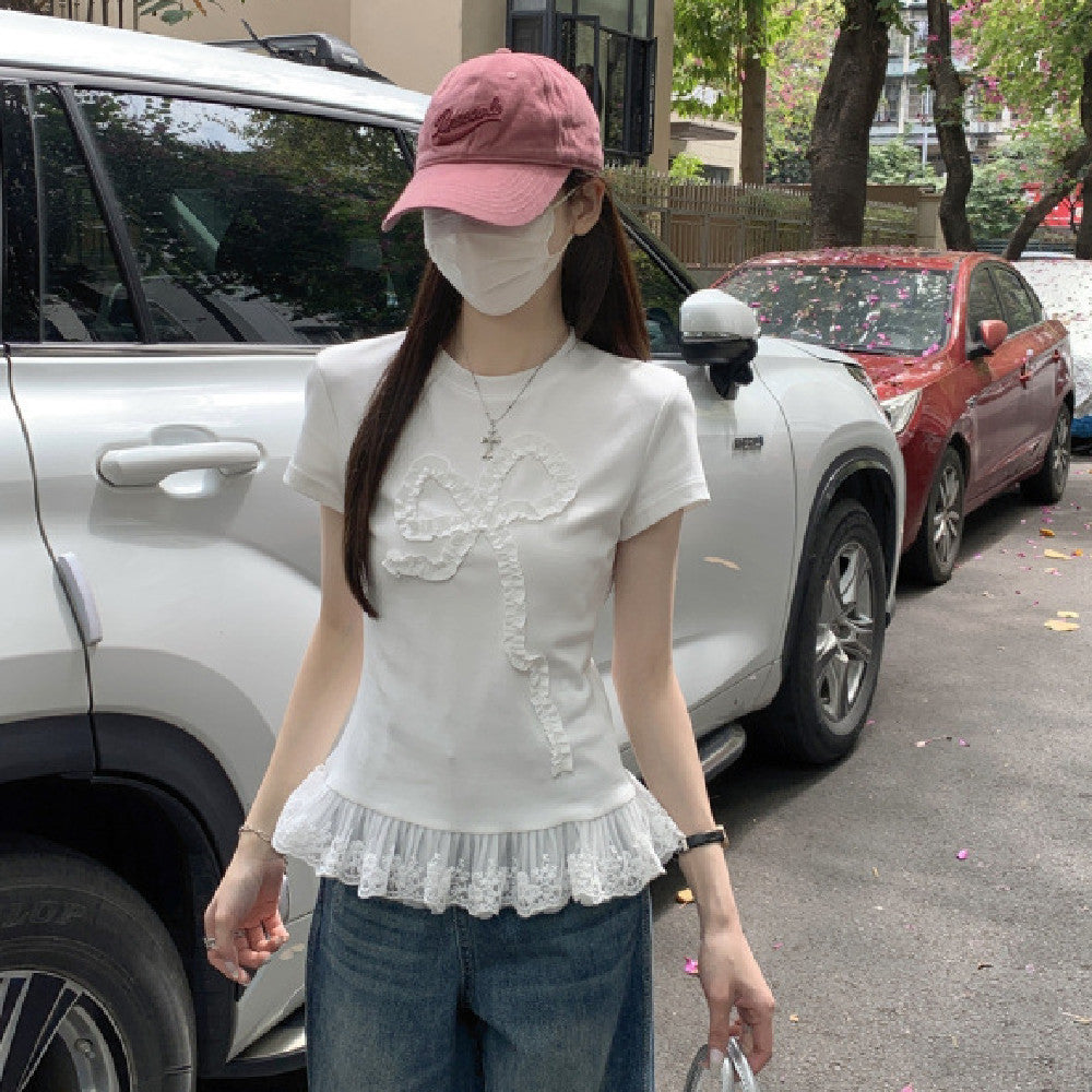 Women's Fashion Lace Edge Stitching Hem Bow Top