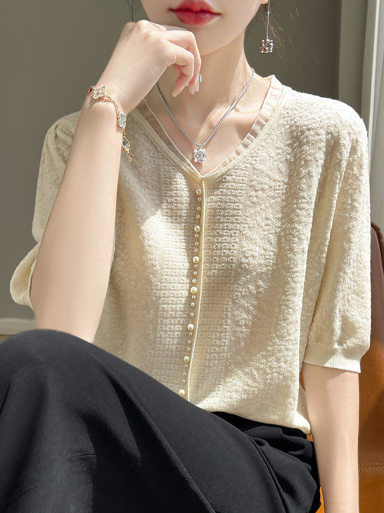 Women's V-neck Tencel Sweater With Short Sleeves