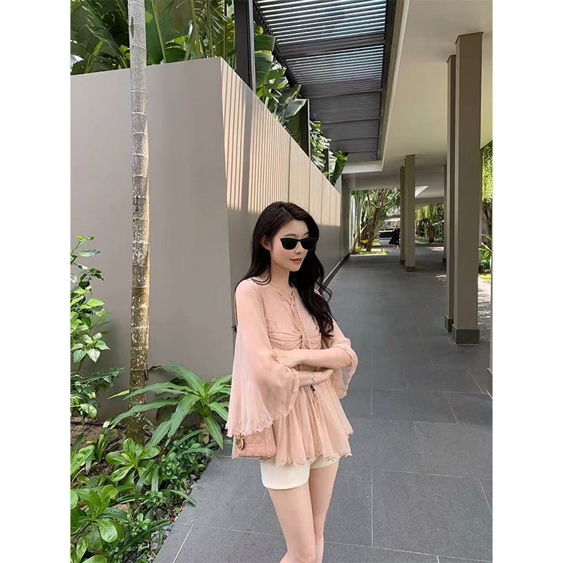 Pure Desire Style Chiffon Shirt Women's High-grade Ruffle Sleeve Mesh