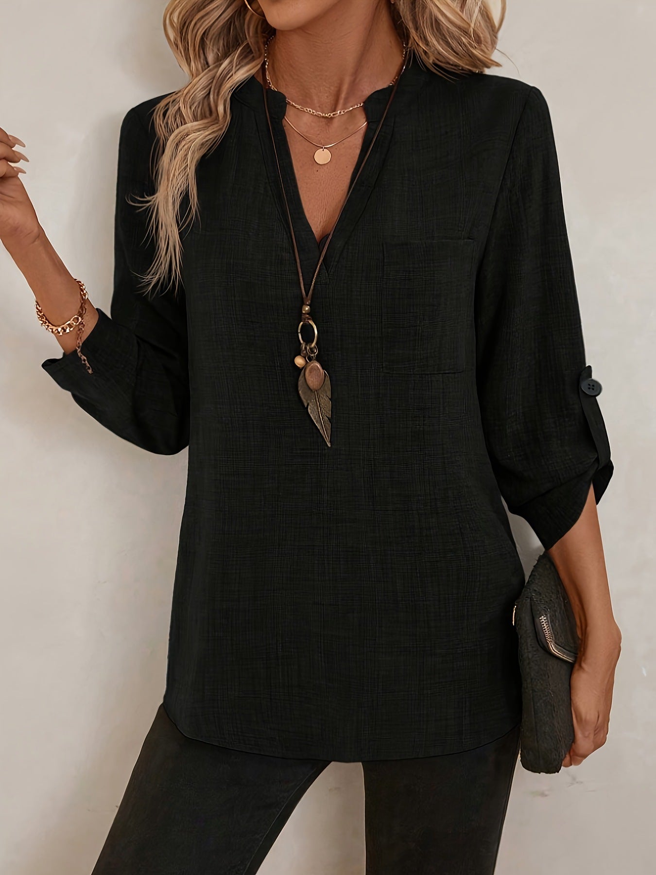 European And American Solid Color Ladies V-neck Shirt