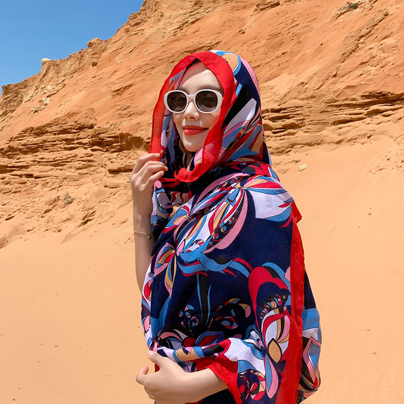 Multicolored Flower Pattern Shawl Sun-proof Scarf Mask