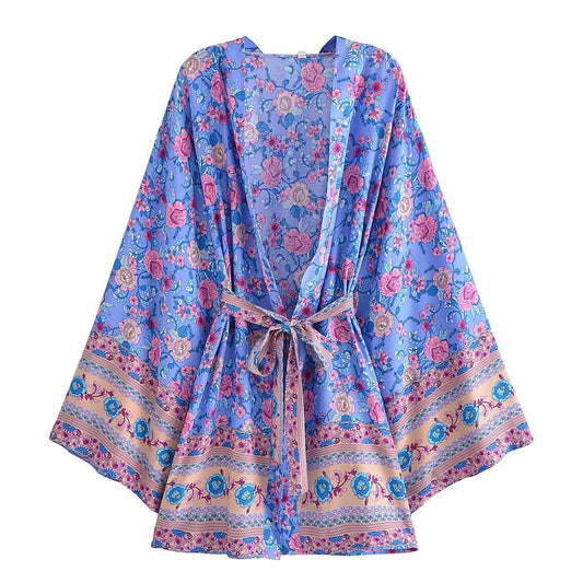 Rayon Bohemian Printed Belt Kimono Jacket Cardigan